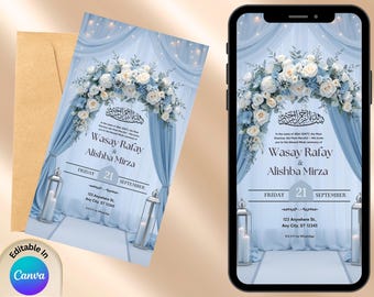 Pode incluir: Um convite de casamento azul e branco com decorações florais e o texto "Wasay Rafay & Alishba Mirza" em fonte preta. O convite é para uma cerimônia de casamento na sexta-feira, 21 de setembro. O convite também inclui o endereço 123 Anywhere St., Any City, ST 12345.