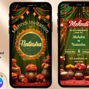 Invitation Mehndi | Faire-part de mariage coloré Dholki Mayoun Haldi Sangeet | Modèle d'invitation de nuit au henné pour carte de mariage indienne pakistanaise