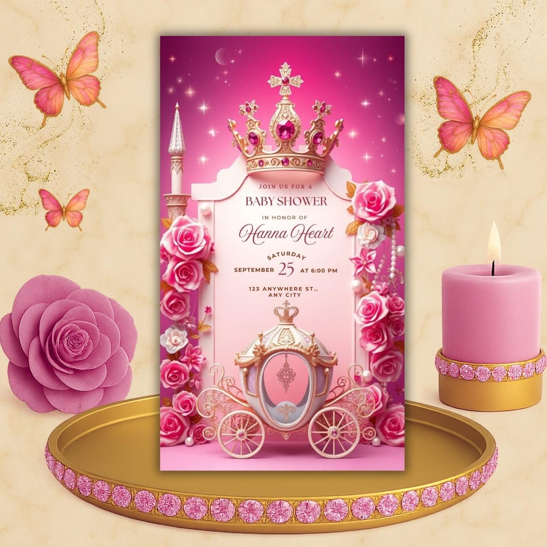 Princess Baby Shower Invitation Girl Editable Template | Pink Gold ...