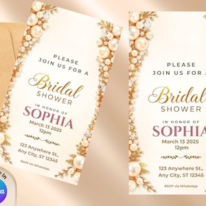 Luxury Gold Pearl Bridal Shower Invitation | Digital Canva Template | Glam Bridal Invite for Pre-Wedding Party | Instant Phone Bridal Invite