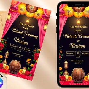 Convite Mehndi para download digital | Convite para noite de hena | Convite para casamento indiano | Cartão Sangeet e Haldi editável | Cartão para download instantâneo