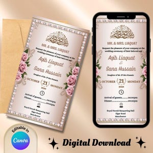 Hermosa tarjeta de boda floral con borde de diamantes / Beige suave, diseño moderno. Edite los colores del texto y el tamaño de fuente / Invitación de boda digital de Canva
