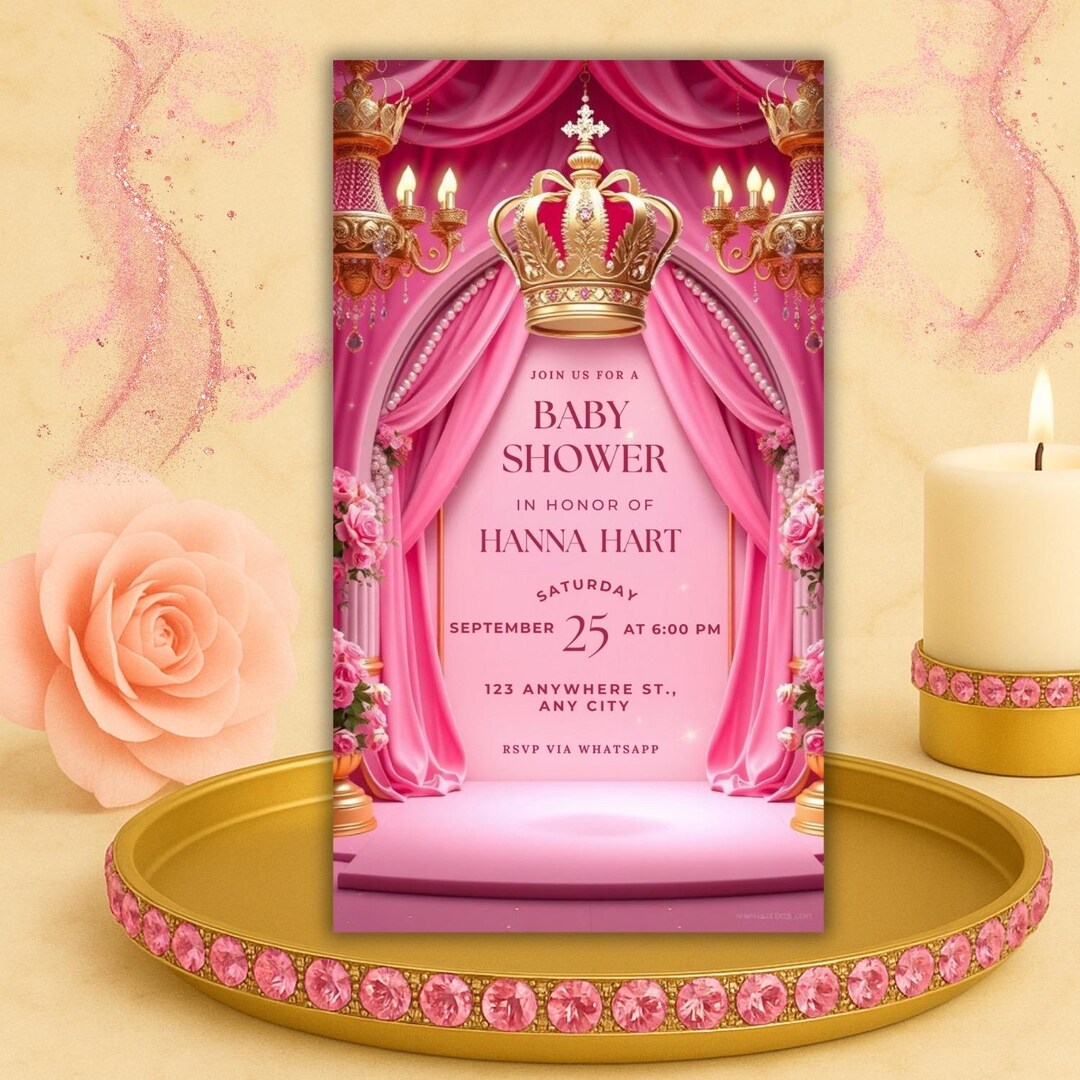 Princess Baby Shower Invitation Girl Editable Template | Pink Gold ...