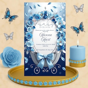 Baby in Bloom Blue Baby Shower Invitation • Luxury Elegant Flowers & Bow Design • Digital Editable Canva Template • Baby Announcement Card