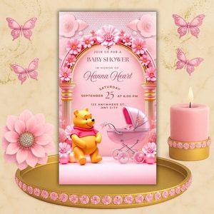 May include: A pink baby shower invitation card featuring a yellow bear in a pink shirt, a pink baby carriage, and floral archway. Text reads: JOIN US FOR A BABY SHOWER IN HONOR OF Hanna Heart SATURDAY SEPTEMBER 25 AT 6:00 PM 123 ANYWHERE ST., ANY CITY.
