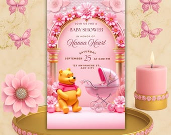 Winnie the Pooh Baby Shower Invitation Video, Editable Canva Animated Digital Invite, Honey Bear Theme, Cute Luxury Storybook Baby Shower