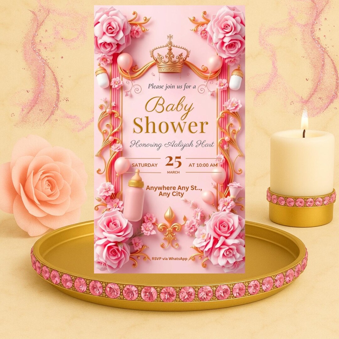Princess Baby Shower Invitation Girl Editable Template | Pink Gold ...