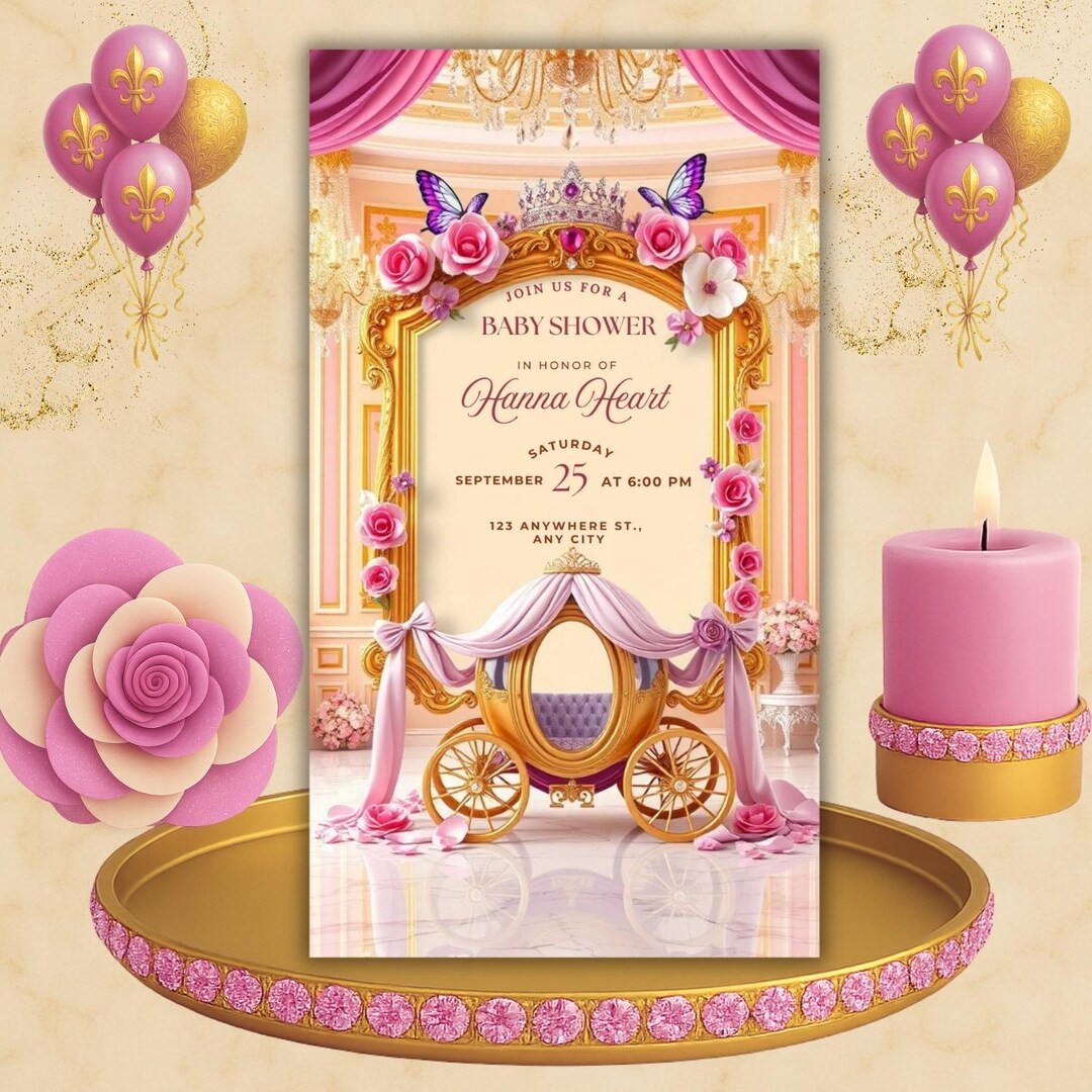 Princess Baby Shower Invitation Girl Editable Template | Pink Gold ...