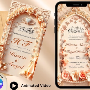 Faire-part de mariage animé numérique islamique | Invitation électronique élégante pour Nikah, Baraat et Walima | Faire-part vidéo de mariage islamique | Invitation modifiable