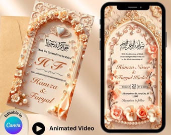 Pode incluir: Um convite de casamento em tons de pêssego e dourado com detalhes florais. O convite apresenta o texto "And We Created You In Pairs" e "HF" em uma fonte decorativa. Os nomes "Hamza & Faryal" também estão incluídos, juntamente com a data e hora da cerimônia de casamento. O convite é projetado para ser usado como um convite digital ou um cartão impresso.