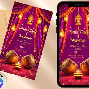 Convite colorido Dholki Mayoun l Convite de decoração de casamento com design digital | Modelo de convite editável Convite haldi sangeet mehndi