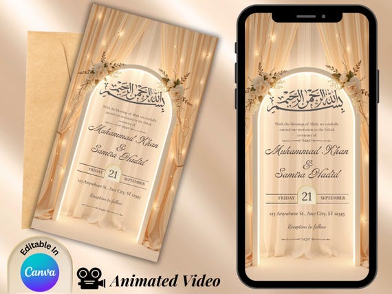 Islamic Wedding Invitation Digital | Muslim Wedding E-Invite | Arabic Nikah Invitation | Red Floral Wedding Invitation | barat walima invite