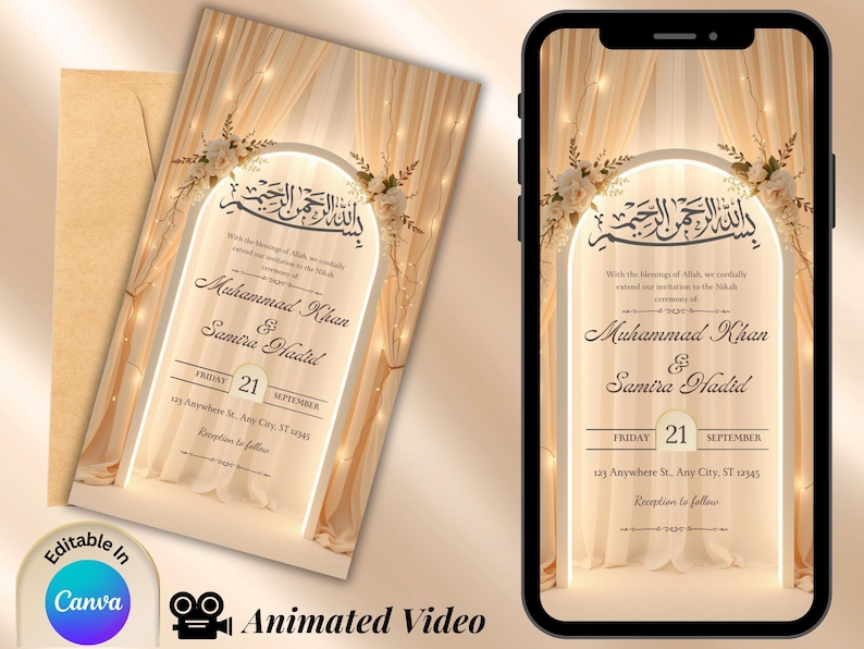 Convite de casamento islâmico digital | Convite eletrônico para casamento muçulmano | Convite árabe para Nikah | Convite de casamento floral vermelho | Convite para Barat Walima imagem 1