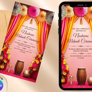 Mehndi-uitnodiging digitaal | Indiase bruiloft Sangeet-uitnodiging | Bewerkbare Dholki Haldi-kaart | Moslim Pakistaanse bruiloftsuitnodiging | Uitnodiging voor Mayoun