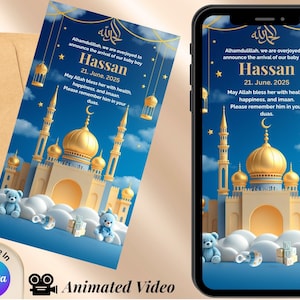 Islamic Baby Boy Birth Announcement Template | Muslim Newborn Editable Canva | Aqiqah Naming Ceremony Digital Invite | Blue Baby Shower