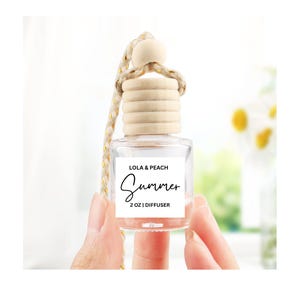 May include: A clear glass diffuser bottle with a wooden cap and a rope hanger. The label reads "LOLA & PEACH Summer 2 OZ | DIFFUSER". The bottle is held by a person's hand.
