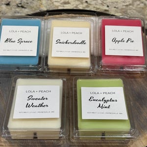 May include: Five soy wax melt cubes in clear plastic containers. Each cube has a label with the scent name: Blue Spruce, Snickerdoodle, Apple Pie, Sweater Weather, and Eucalyptus Mint. The brand name is Lola + Peach.
