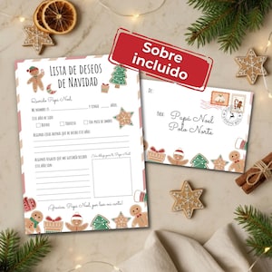 Op de afbeelding: Een kerstwensenlijst en envelopset met peperkoekmannetjes, kerstbomen en sterrenontwerpen. De wensenlijst bevat invulvakken voor naam, leeftijd en cadeauverzoeken. De envelop is geadresseerd aan de Kerstman.