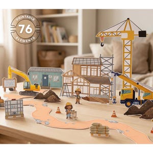 以下が含まれることがあります： 76個の印刷可能な要素を備えた建設をテーマにしたプレイセット。セットには、黄色のクレーン、掘削機、ダンプトラック、建物、作業員、道路標識が含まれています。「Printable 76 Elements」というテキストが表示されます。