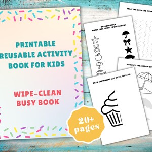 Puede incluir: Un libro de actividades reutilizable e imprimible para niños. La portada presenta texto en turquesa y rojo, con un borde de rociado colorido. En el interior, hay páginas con actividades de emparejamiento de sombras, trazado y dibujo. El libro es lavable.