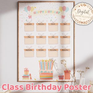 Könnte beinhalten: Ein gerahmtes "Class Birthday Poster" mit einem hellen Holzrahmen. Das Poster zeigt ein farbenfrohes Design mit den Worten "Happy Birthday" und Platz für jeden Monat. Ein Kuchen mit Kerzen und Geschenkboxen sind ebenfalls abgebildet.