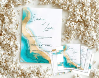 Plantilla de invitación de boda en acuarela color verde azulado y dorado / Elegante conjunto imprimible (Canva)
