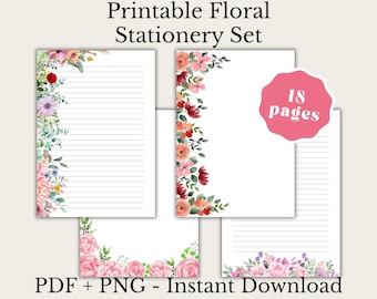 Ensemble de papeterie florale | Papier à lettres imprimable, ligné et vierge (PDF + PNG)