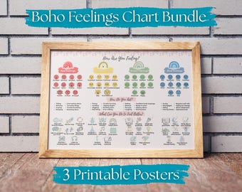 Boho Rainbow Feelings Chart Bundle | Emotional Regulation, Coping Skills (PDF & PNG)