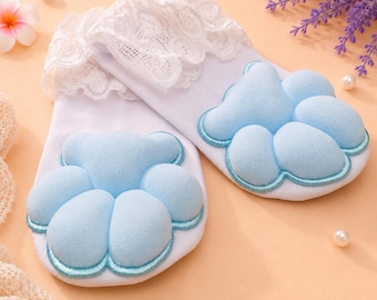 Calcetines tobilleros de encaje blanco con almohadillas de patas de gato azules en 3D, calcetines kawaii para mujer, tallas EU 37-41, calcetines de felpa con forma de pata, regalo adorable, guantes sin dedos a juego.