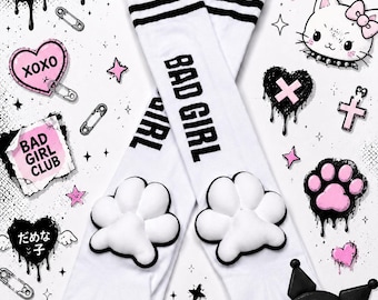 Kawaii Paw Over the Knee Socks, 3D Plush Paw Socks, White Thigh High Socks, Harajuku Alt Fashion, Pastel Goth Socks, Bad Girl Socks