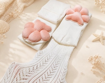 Over the Knee Cat Paw Socks – Ecru Openwork Thigh High Socks with 3D Peach Paw Pads – Kawaii Cozy Aesthetic Socks