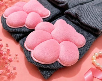 Calcetines hasta el muslo – Tejido gris jaspeado con estampado de huellas de gato en 3D