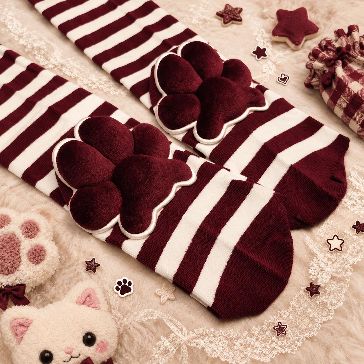 Burgundy Cat Paw Arm Warmers & Over-the-Knee Socks Set