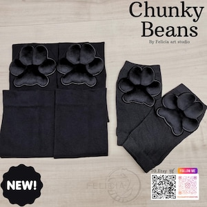 May include: Black socks and leg warmers with plush paw prints. The text "Chunky Beans" is displayed at the top, with "NEW!" in a circular badge. The Etsy shop name and social media links are also visible.