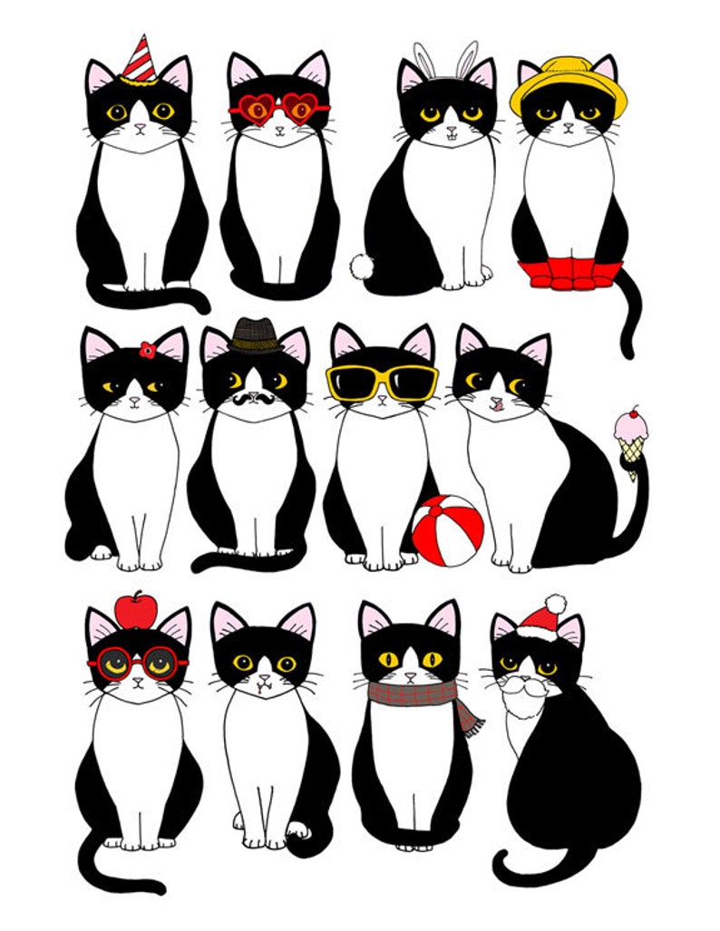 Twelve Tuxedo Cats 8 x 10 Art Print image 1