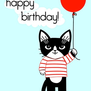Tarjeta de felicitación de cumpleaños de Hi Kitty con gatita blanca y negra sosteniendo un globo (inspiración francesa)