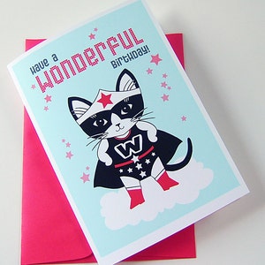 Carte de voeux d'anniversaire Wonder Kitty, chat smoking, chat noir et blanc de super-héros