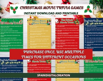 Pode incluir: Cartas de jogo de trivia de filmes de Natal imprimíveis com Elf, Esqueceram de Mim, O Grinch e O Expresso Polar. As cartas são verdes, amarelas, vermelhas e azuis com texto branco. O texto nas cartas diz "Jogos de trivia de filmes de Natal, Download instantâneo e imprimível, Compre uma vez, use várias vezes para diferentes ocasiões, SparkDigitalCreation".