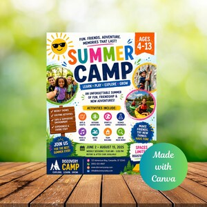 May include: A colorful summer camp flyer with the words "Summer Camp" in large, bright letters. The flyer includes images of children enjoying various activities, such as rock climbing and kayaking. It lists activities like arts & crafts, sports, and science experiments. The flyer is for ages 4-13.