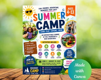 Plantilla editable de folleto para campamento de verano en Canva, folleto para campamento infantil, póster de campamento de verano totalmente personalizable, invitación al campamento, descarga instantánea.