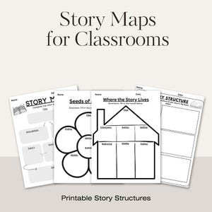 Puede incluir: Hojas de trabajo imprimibles en blanco con contornos negros. Las hojas de trabajo incluyen mapas de historias para aulas, con títulos como "Story Maps" y "Where the Story Lives". El texto "Printable Story Structures" está en la parte inferior.