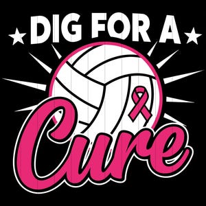 以下が含まれることがあります： 黒色のグラフィックデザイン。白とピンクで「DIG FOR A Cure」の文字、バレーボール、ピンクのリボンが描かれています。バレーボールは白地に黒い線。デザインには星とサンバーストの要素が含まれています。
