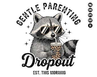Zacht ouderschap drop-out wasbeer SVG PNG grappige moeder leven humor clipart met koffie en zonnebril voor vermoeide ouders ontwerpen digitale download