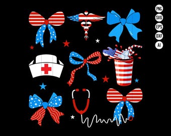 Patriotic Nurse PNG Bundle  4th of July Bows Red White Blue Clipart Medical SVG, Sublimation for Healthcare Workers USA Digital File
