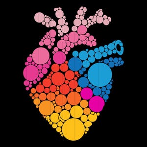May include: A colorful heart illustration composed of gradient circles in shades of pink, orange, yellow, and blue against a black background. The design is a digital graphic, with file type options listed on the right.