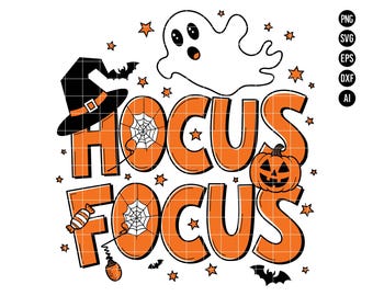 ホーカス フォーカス ハロウィーン SVG PNG、面白いゴースト ハロウィーン クリップアート、ハロウィーン クラフト用の魔女のデジタル ダウンロード