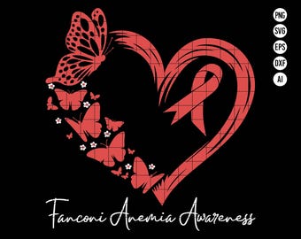 Concientización sobre la anemia de Fanconi en SVG, Cinta con forma de corazón y mariposa en SVG, Cinta roja concientización sobre la anemia en PNG, Apoyo a los luchadores contra la anemia de Fanconi en SVG