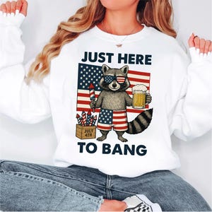Raccoon 4th of July PNG  Just Here to Bang Funny Independence Day Sublimation Patriotic Animal Clipart American Flag Fireworks Shirt Design