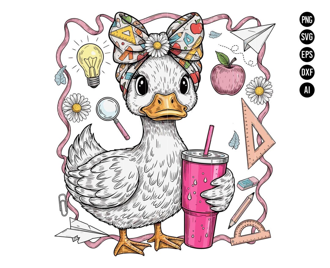 Cute School Duck SVG PNG With Pink Drink and Bow Back to School Design ...