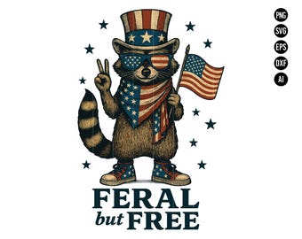 Diseño de mapache patriótico vintage salvaje pero gratis PNG bandera de EE. UU. Svg y PNG para sublimación 4 de julio divertida camiseta de mapache salvaje PNG América